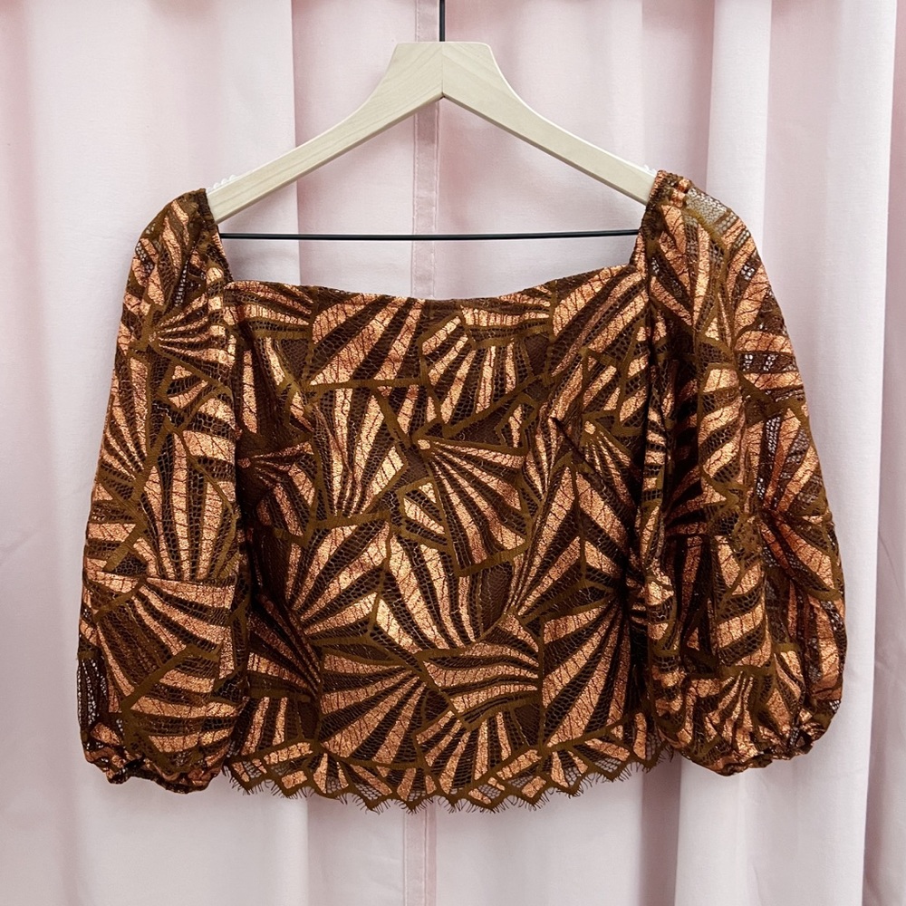 NWT Eva Franco Anthropologie Shine Bronze Lace Puff Sleeve Square Neck Blouse XL - Picture 7 of 13